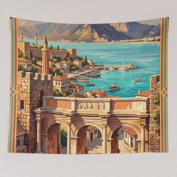 Item preview, Antalya Turkey Vintage Travel Art – Hadrian’s Gate, Kaleiçi & Mediterranean Coast designed and sold by Bomax121.