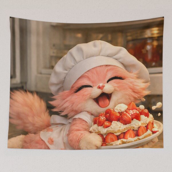 Item preview, Mimi Mew Almost Dropped the Strawberry Cake – Cute Chef Cat designed and sold by Lalala cute.