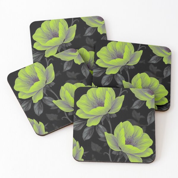 Item preview, Neon Lime Green Peony Flowers Dark Floral Black Background Pattern designed and sold by LYAN-STORE.