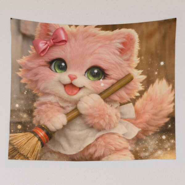 Item preview, Mimi Mew Cleaning the House – Cute Pink Cat Doing Housework designed and sold by Lalala cute.