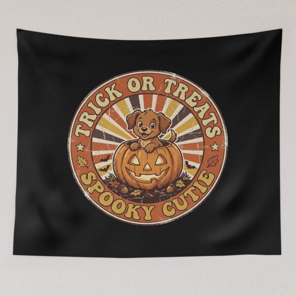 Item preview, Retro 70s Pumpkin Patch Pup Cute Halloween Dog Sunburst Vintage designed and sold by KreatoLab.