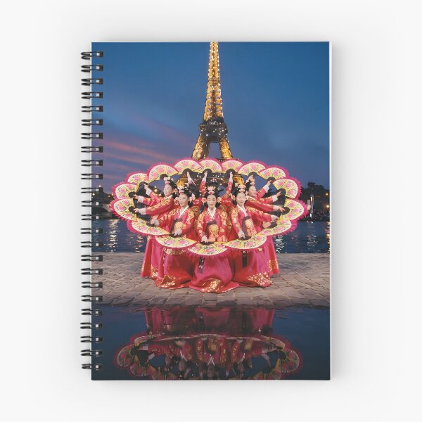 Item preview, Korean Traditional Buchaechum Fan Dance at Eiffel Tower Art Print, Hanbok Cultural Fusion Design designed and sold by SOOstudio73.