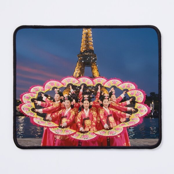 Item preview, Korean Traditional Buchaechum Fan Dance at Eiffel Tower Art Print, Hanbok Cultural Fusion Design designed and sold by SOOstudio73.