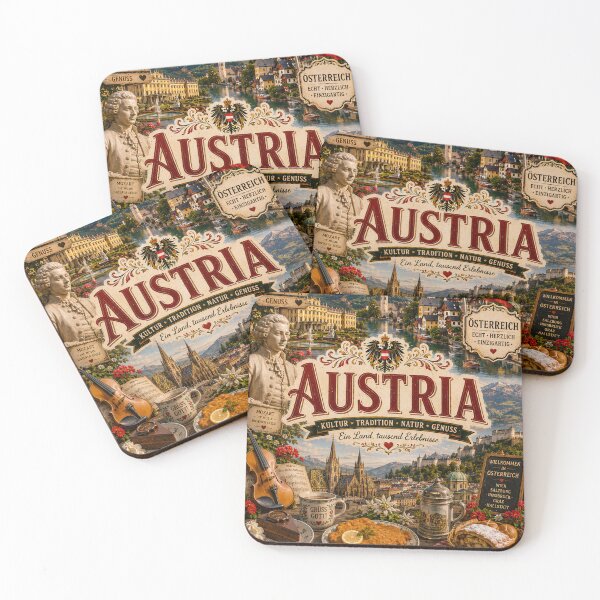 Item preview, Austria Travel Poster | Vienna Hallstatt Mozart Schnitzel & Alpine Landscape designed and sold by alexcorporation.