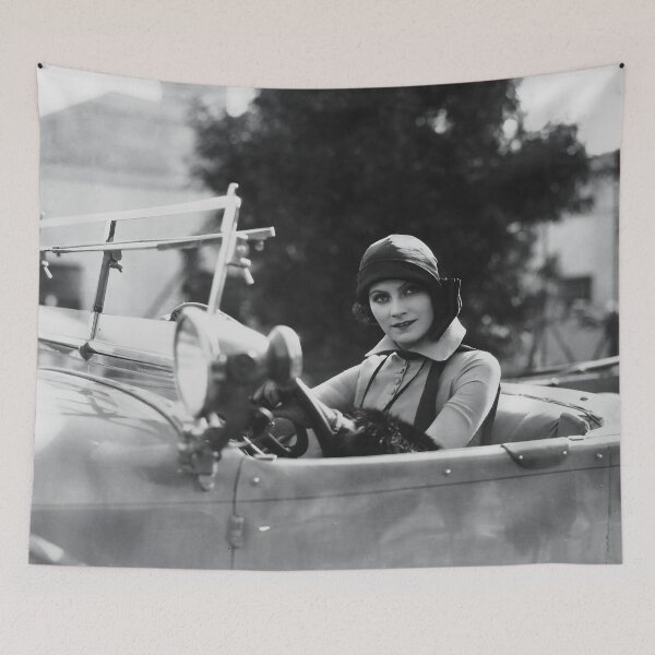 Item preview, Actress Greta Garbo sitting in a 1933 Duesenberg Model J vintage classic glamour black and white photograph designed and sold by Astrid Arkhangelsky.