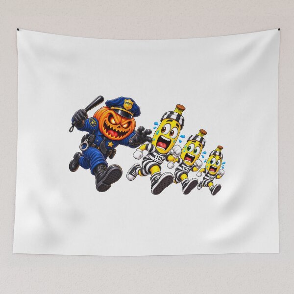 Item preview, Halloween Banana Prison Break – Three Bananas Escaping a Pumpkin Police Chase designed and sold by ArtSpark Studio.