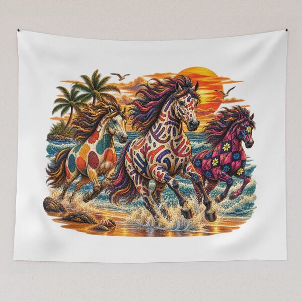Item preview, Colorful Tropical Horses at Sunset – Vibrant Floral Folk Art designed and sold by Awarrie.