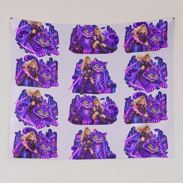 Item preview, Cyberpunk Demon Hunter Girl and Giant Purple Cat designed and sold by Moxie-Cat-Universe.