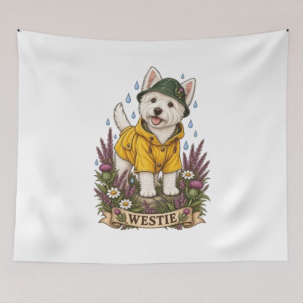 Item preview, Westie Dog in Raincoat Cottagecore Art designed and sold by AMICO77.