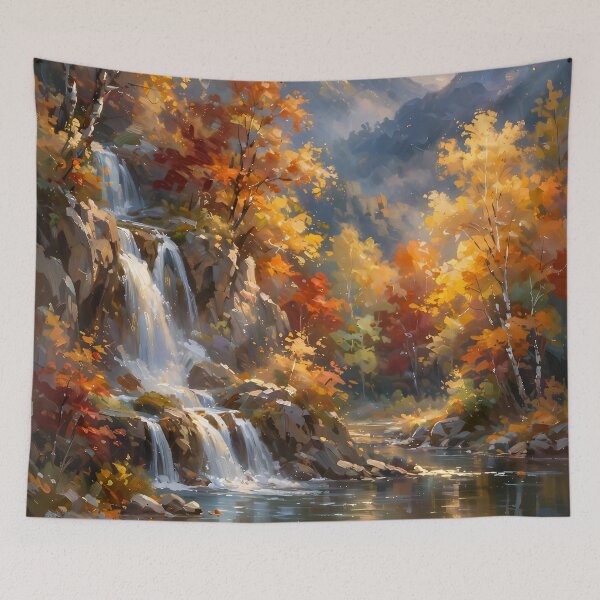 Item preview, Autumn Waterfall and Mountain Landscape Oil Painting designed and sold by Jozefin's Studio.