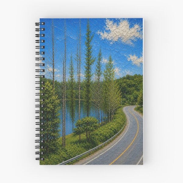 Item preview, Beautiful Winding Road by the Lake, Forest Trees Impasto Oil Painting designed and sold by BlossoraStudio.