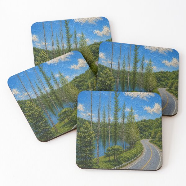 Item preview, Beautiful Winding Road by the Lake, Forest Trees Impasto Oil Painting designed and sold by BlossoraStudio.