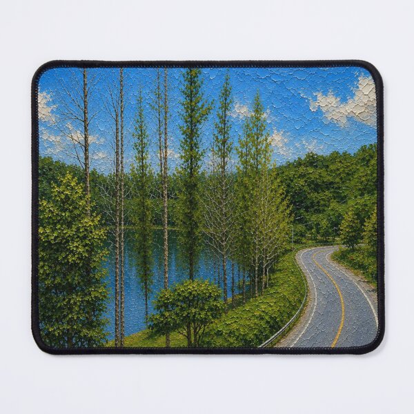 Item preview, Beautiful Winding Road by the Lake, Forest Trees Impasto Oil Painting designed and sold by BlossoraStudio.