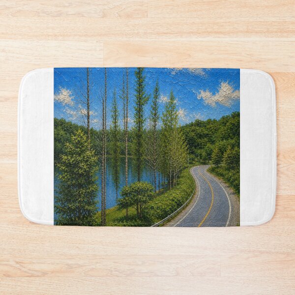 Item preview, Beautiful Winding Road by the Lake, Forest Trees Impasto Oil Painting designed and sold by BlossoraStudio.