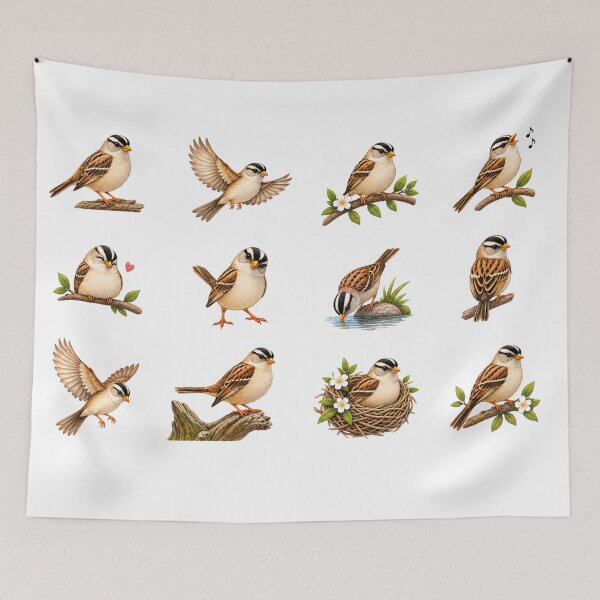 Item preview, Cute White Crowned Sparrow Nest Branch Aesthetics Sticker Sheet designed and sold by Rehnair.
