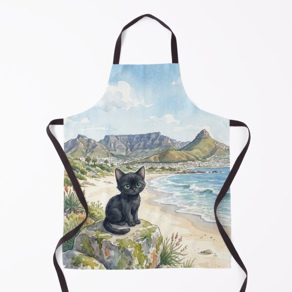 Item preview, Cute Little Black Cat in Cape Town, South Africa, sitting on a rock on the beach with Table Mountain in the background. (P) designed and sold by CLBC.STORE.
