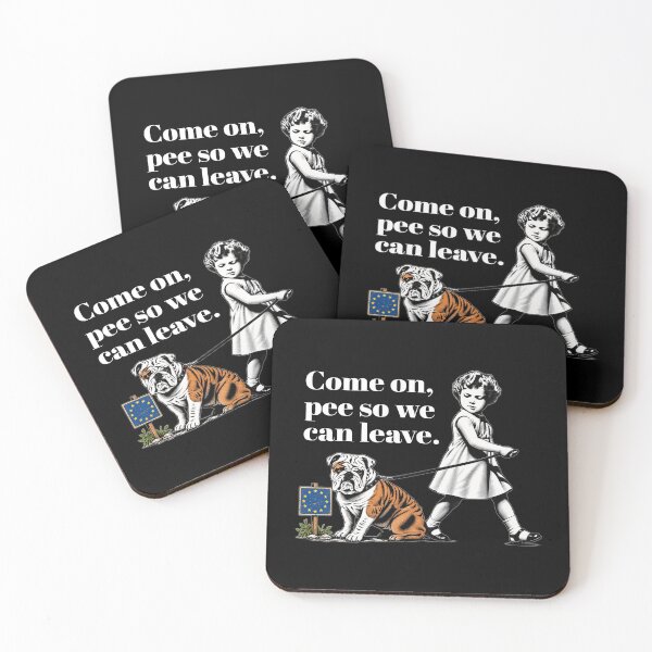 Item preview, Young Girl Walking Bulldog Beside EU Sign With Humorous 'Leave' Message — Political Cartoon Style designed and sold by portokalis.