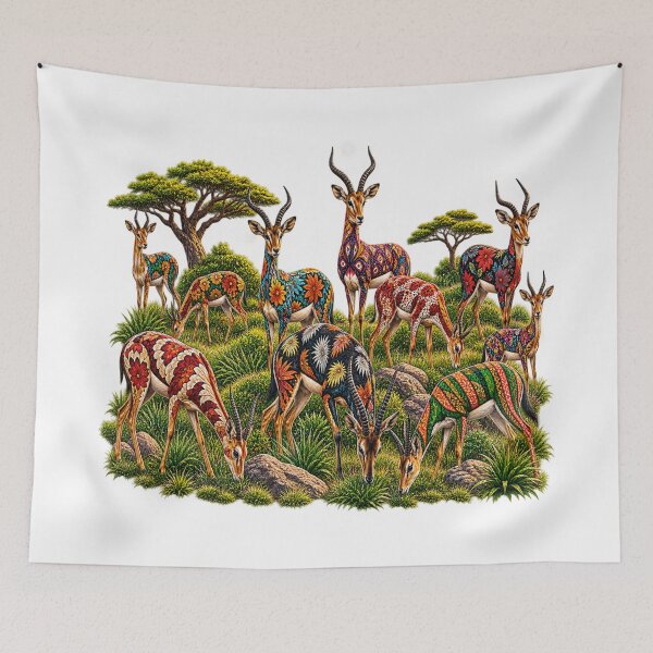 Item preview, Colorful African Antelope Herd – Vibrant Floral Wildlife Art designed and sold by Awarrie.