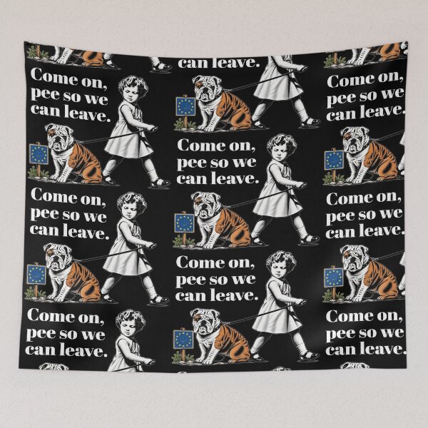 Item preview, Niña paseando a su bulldog junto a un cartel de la UE con un mensaje humorístico de "Salir" — Estilo de caricatura política designed and sold by portokalis.