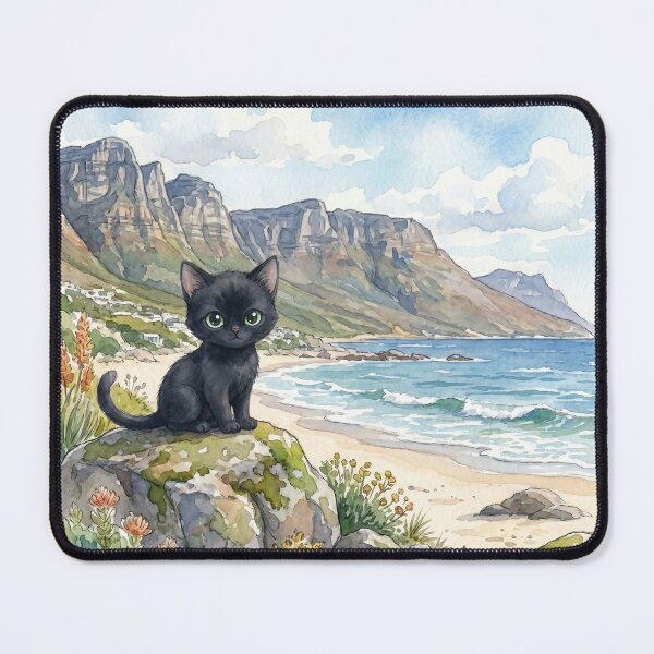 Item preview, Cute Little Black Cat in Cape Town, South Africa, sitting on a rock on the beach with Table Mountain in the background. (S) designed and sold by CLBC.STORE.