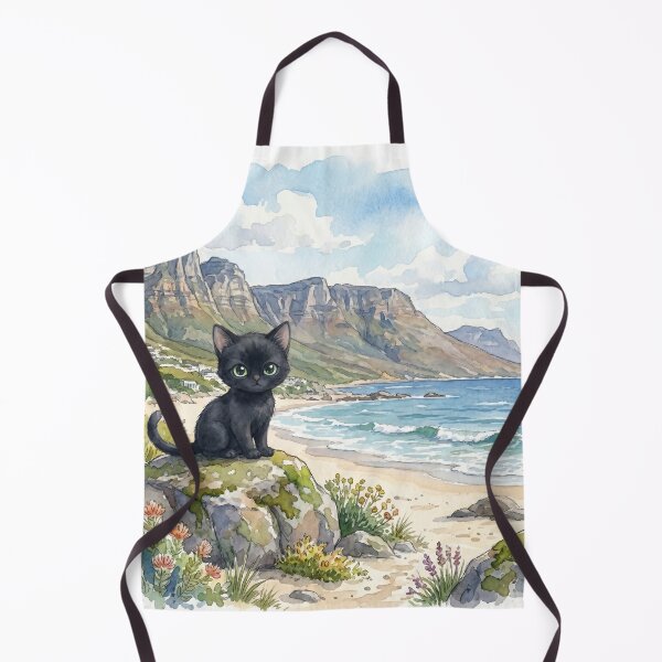 Item preview, Cute Little Black Cat in Cape Town, South Africa, sitting on a rock on the beach with Table Mountain in the background. (S) designed and sold by CLBC.STORE.