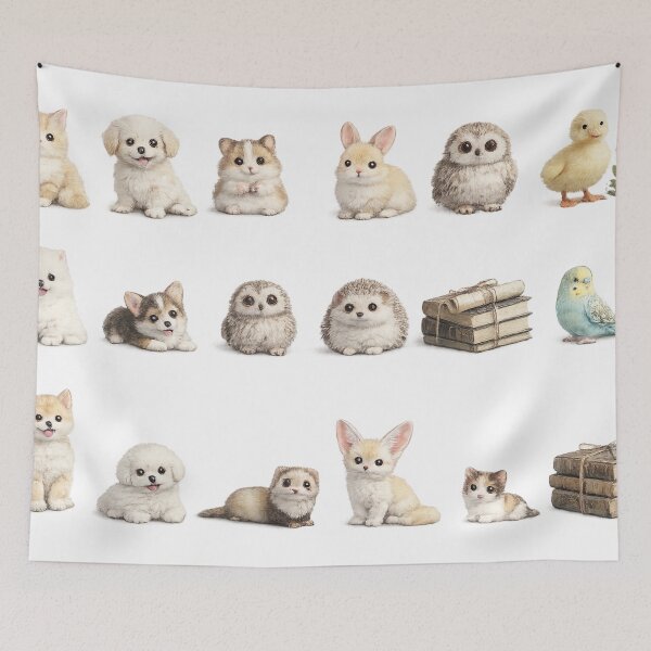 Item preview, Cute Baby Animals Kitten Puppy Bunny Hedgehog Parakeet Vintage Book Sticker pack Sheet designed and sold by Rehnair.