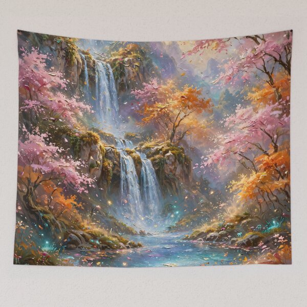 Item preview, Waterfall Autumn Fantasy Forest Oil Painting designed and sold by Jozefin's Studio.