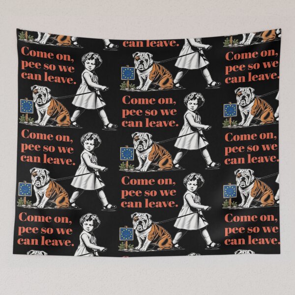 Item preview, Copy of Young Girl Walking Bulldog Beside EU Sign With Humorous 'Leave' Message — Political Cartoon Style designed and sold by portokalis.