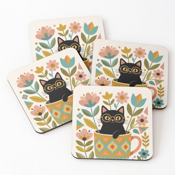 Item preview, Retro Coffee Cat Floral Art designed and sold by dreamybyana.