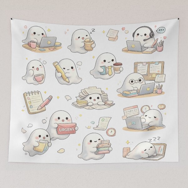 Item preview, Cute Kawaii Working Ghost Office Laptop Desk Aesthetic Sticker pack Sheet designed and sold by Rehnair.