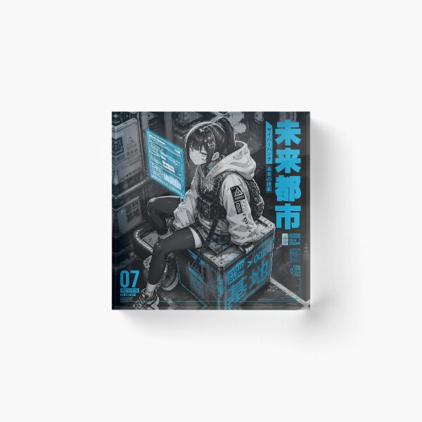 Item preview, Cyberpunk Anime Girl Techwear Poster – Neon Blue Mecha City designed and sold by Swizzy2vore.