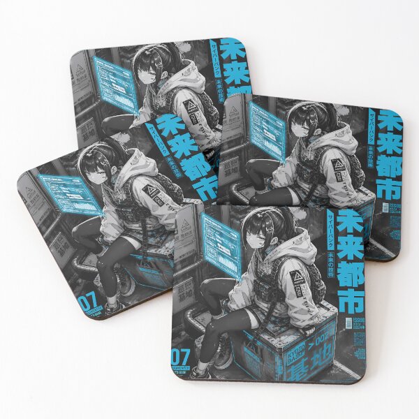 Item preview, Cyberpunk Anime Girl Techwear Poster – Neon Blue Mecha City designed and sold by Swizzy2vore.
