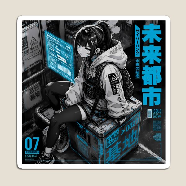 Item preview, Cyberpunk Anime Girl Techwear Poster – Neon Blue Mecha City designed and sold by Swizzy2vore.