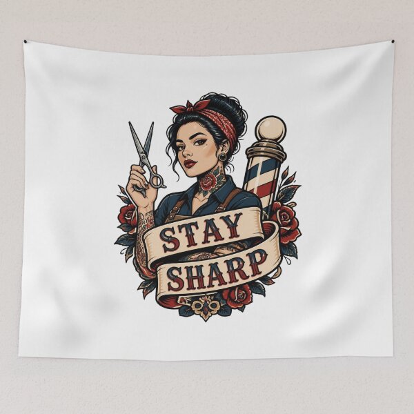 Item preview, Female Barber Stay Sharp Tattoo Emblem designed and sold by Barber MD Culture.