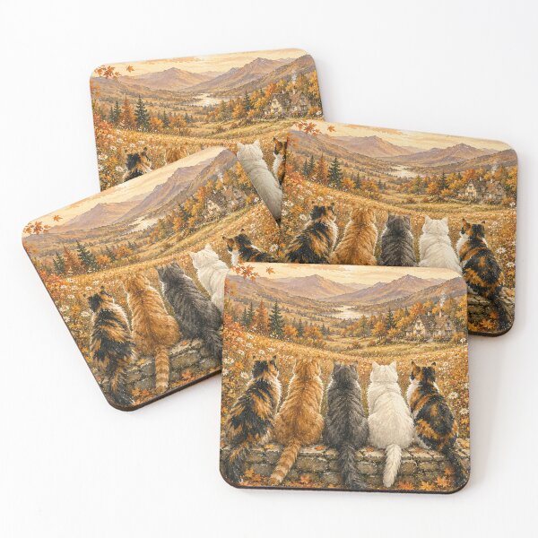Item preview, Four Cats on Stone Wall Autumn Valley Landscape Oil designed and sold by Jozefin's Studio.