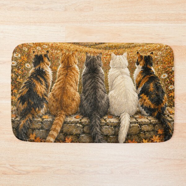 Item preview, Four Cats on Stone Wall Autumn Valley Landscape Oil designed and sold by Jozefin's Studio.