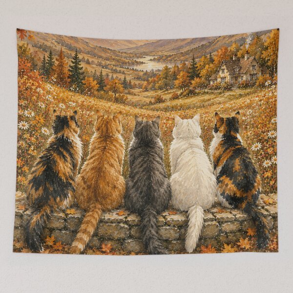 Item preview, Four Cats on Stone Wall Autumn Valley Landscape Oil designed and sold by Jozefin's Studio.