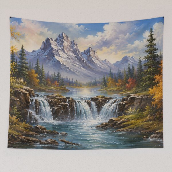 Item preview, Autumn Mountain Waterfall Landscape Vintage Oil Painting designed and sold by Jozefin's Studio.