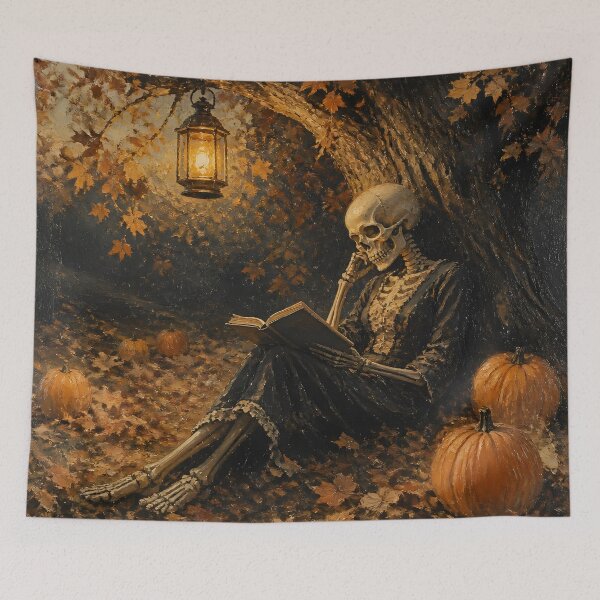 Item preview, Skeleton Woman Reading Book Goth Victorian Dress Autumn Pumpkins designed and sold by GrinGalore.