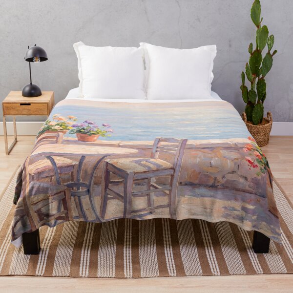 Item preview, Vintage Seaside Cafe Terrace Oil Painting designed and sold by ArtAmbience.