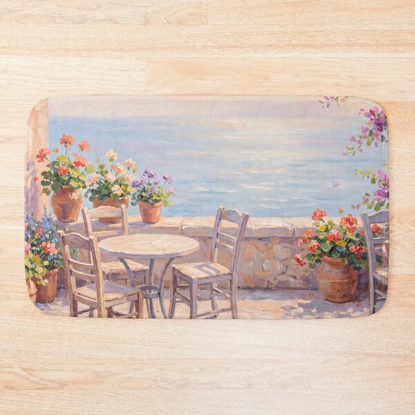 Item preview, Vintage Seaside Cafe Terrace Oil Painting designed and sold by ArtAmbience.