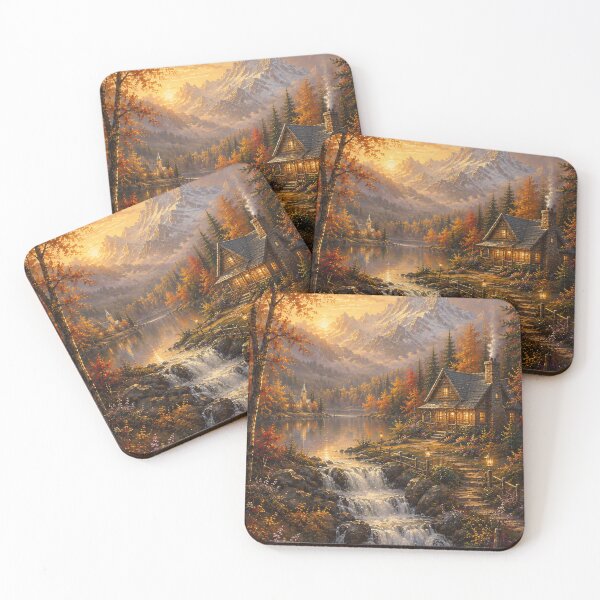 Item preview, Autumn Mountain Cabin Waterfall Warm Oil Painting designed and sold by Jozefin's Studio.