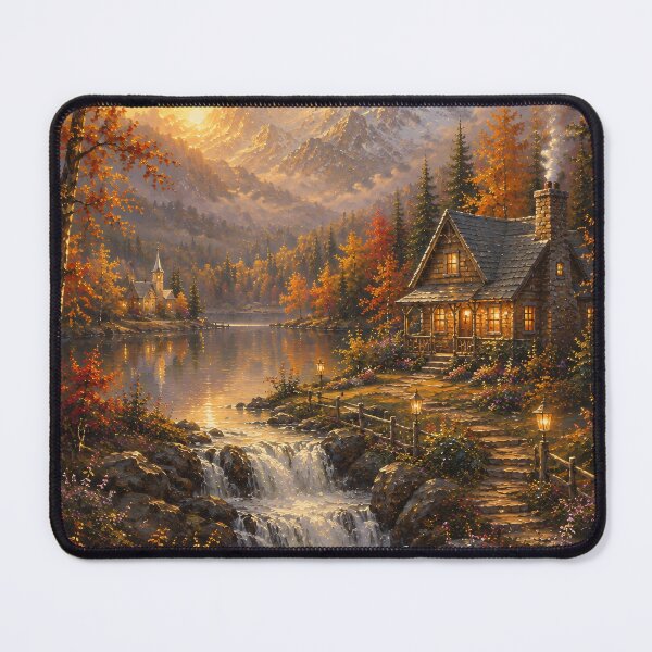 Item preview, Autumn Mountain Cabin Waterfall Warm Oil Painting designed and sold by Jozefin's Studio.