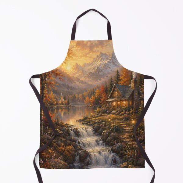 Item preview, Autumn Mountain Cabin Waterfall Warm Oil Painting designed and sold by Jozefin's Studio.