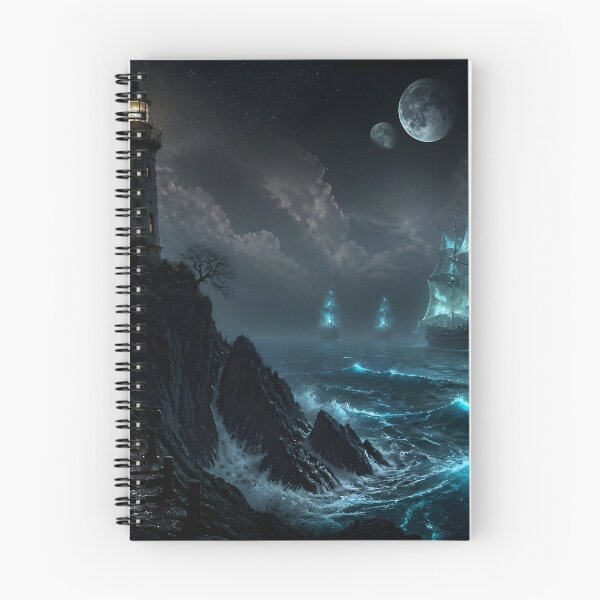 Item preview, Ghost Ships & Haunted Lighthouse Under Twin Moons – Dark Fantasy Ocean designed and sold by DreamyWallVibes.