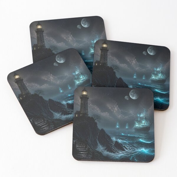 Item preview, Ghost Ships & Haunted Lighthouse Under Twin Moons – Dark Fantasy Ocean designed and sold by DreamyWallVibes.