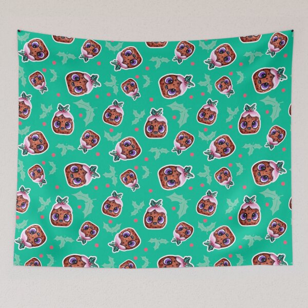 Item preview, Cute Christmas Pudding Pattern on Green with Holly designed and sold by TurquoiseChicken.