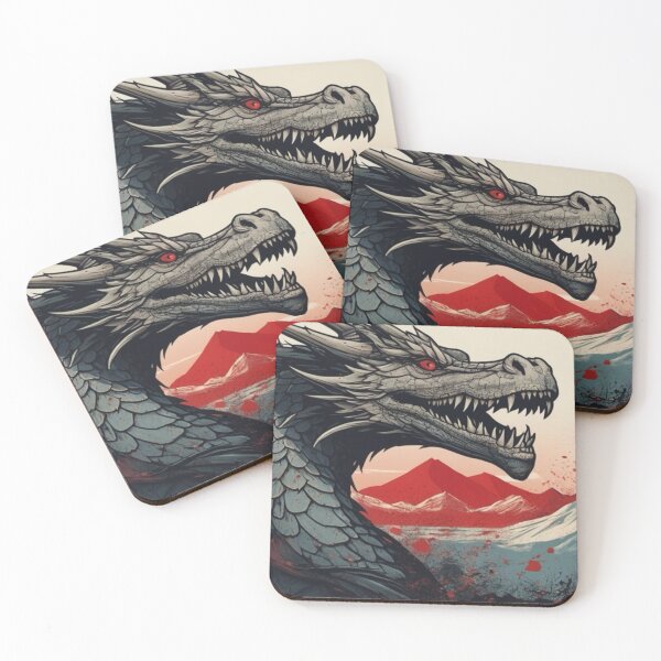 Item preview, Fantasy art of a stylized Japanese-Western stone dragon head, blended with crimson red brushstrokes designed and sold by Kochainn.