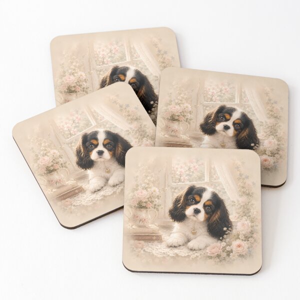 Item preview, Cavalier King Charles Spaniel Puppy in Soft Pink Flowers | Dreamy Dog Art designed and sold by ManJiangHong.