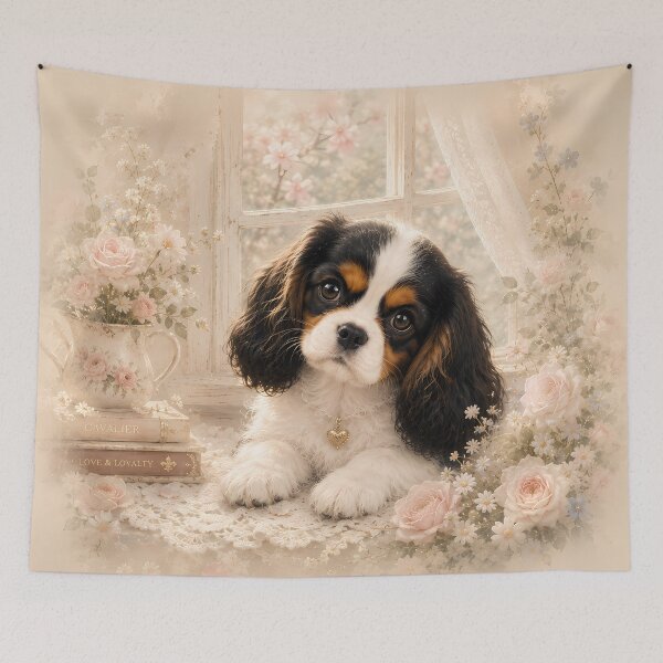 Item preview, Cavalier King Charles Spaniel Puppy in Soft Pink Flowers | Dreamy Dog Art designed and sold by ManJiangHong.
